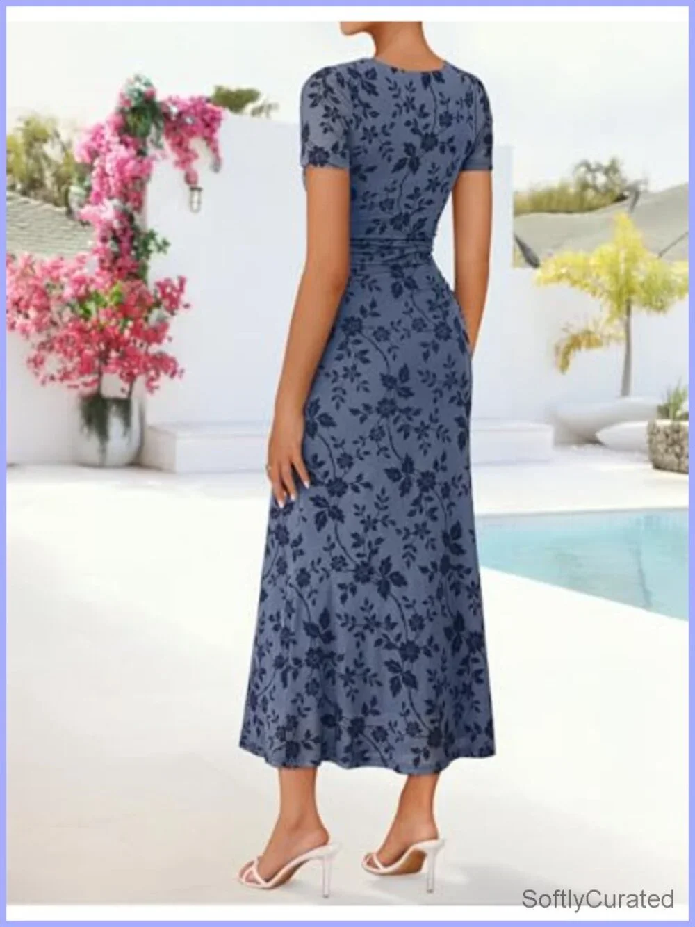 Women's Floral Short Sleeve Bodycon Long Dress Ruched Mesh Formal Cocktail